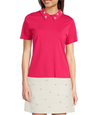 KARL LAGERFELD PARIS Pearl Flower Embellished Point Collar Short Sleeve Polo