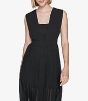 KARL LAGERFELD PARIS Pleated Chiffon Deep Square Neck Sleeveless Midi Dress