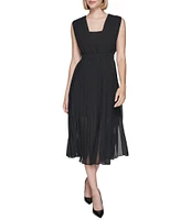 KARL LAGERFELD PARIS Pleated Chiffon Deep Square Neck Sleeveless Midi Dress