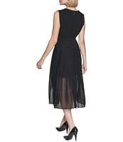 KARL LAGERFELD PARIS Pleated Chiffon Deep Square Neck Sleeveless Midi Dress