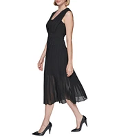 KARL LAGERFELD PARIS Pleated Chiffon Deep Square Neck Sleeveless Midi Dress