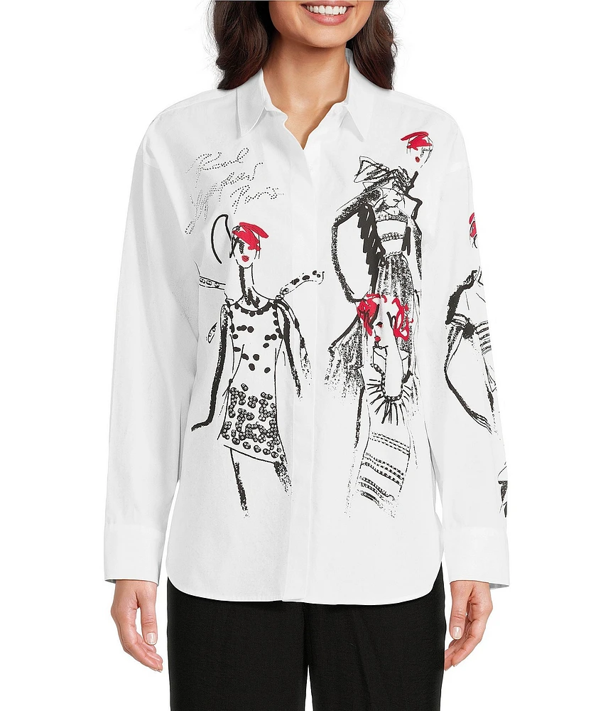 KARL LAGERFELD PARIS Poplin Embellished Sketch Graphic Point Collar Long Sleeve Button-Front Shirt