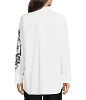 KARL LAGERFELD PARIS Poplin Embellished Sketch Graphic Point Collar Long Sleeve Button-Front Shirt