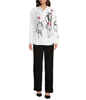 KARL LAGERFELD PARIS Poplin Embellished Sketch Graphic Point Collar Long Sleeve Button-Front Shirt