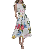 KARL LAGERFELD PARIS Poplin Floral Print Crew Neck Sleeveless Belted Drop Waist Midi Dress