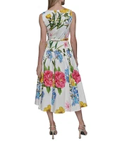 KARL LAGERFELD PARIS Poplin Floral Print Crew Neck Sleeveless Belted Drop Waist Midi Dress