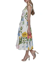 KARL LAGERFELD PARIS Poplin Floral Print Crew Neck Sleeveless Belted Drop Waist Midi Dress