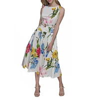 KARL LAGERFELD PARIS Poplin Floral Print Crew Neck Sleeveless Belted Drop Waist Midi Dress