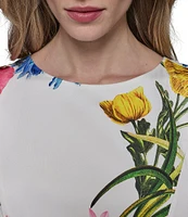 KARL LAGERFELD PARIS Poplin Floral Print Crew Neck Sleeveless Belted Drop Waist Midi Dress