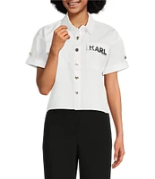 KARL LAGERFELD PARIS Poplin Point Collar Short Sleeve Cropped Button Front Shirt