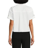 KARL LAGERFELD PARIS Poplin Point Collar Short Sleeve Cropped Button Front Shirt