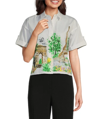 KARL LAGERFELD PARIS Poplin Point Collar Short Sleeve Graphic Button Front Top