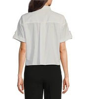 KARL LAGERFELD PARIS Poplin Point Collar Short Sleeve Graphic Button Front Top