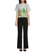 KARL LAGERFELD PARIS Poplin Point Collar Short Sleeve Graphic Button Front Top