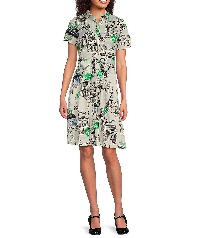 KARL LAGERFELD PARIS Poplin Printed Point Collar Short Sleeve Shirt Dress