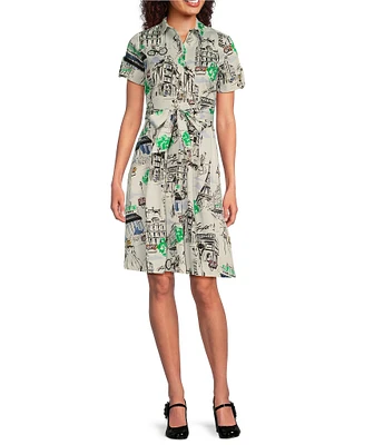 KARL LAGERFELD PARIS Poplin Printed Point Collar Short Sleeve Shirt Dress