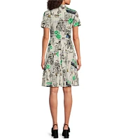 KARL LAGERFELD PARIS Poplin Printed Point Collar Short Sleeve Shirt Dress