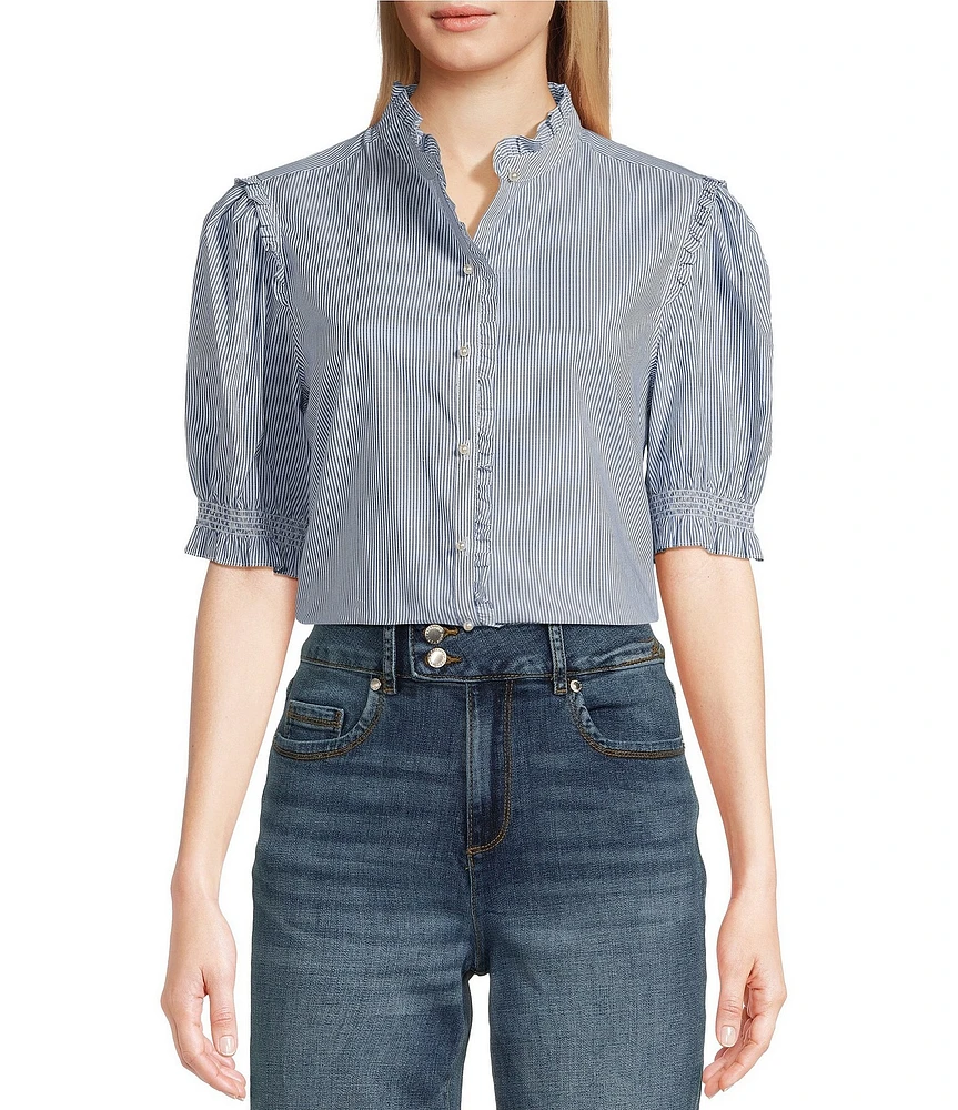 KARL LAGERFELD PARIS Poplin Striped Round Neck Ruffle 3/4 Sleeve Button Front Top