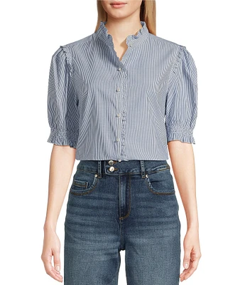 KARL LAGERFELD PARIS Poplin Striped Round Neck Ruffle 3/4 Sleeve Button Front Top