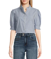 KARL LAGERFELD PARIS Poplin Striped Round Neck Ruffle 3/4 Sleeve Button Front Top
