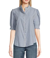 KARL LAGERFELD PARIS Poplin Striped Round Neck Ruffle 3/4 Sleeve Button Front Top
