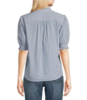 KARL LAGERFELD PARIS Poplin Striped Round Neck Ruffle 3/4 Sleeve Button Front Top
