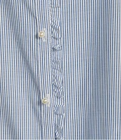 KARL LAGERFELD PARIS Poplin Striped Round Neck Ruffle 3/4 Sleeve Button Front Top