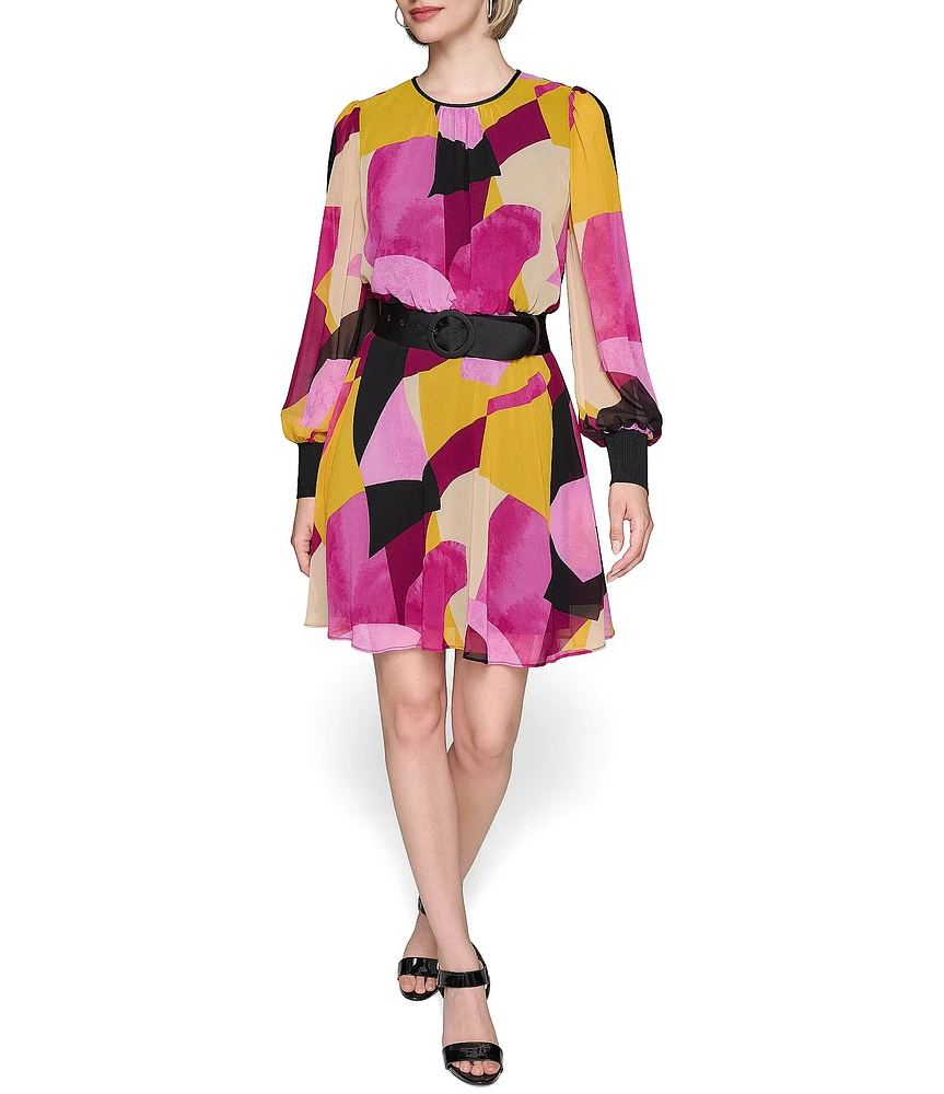 KARL LAGERFELD PARIS Printed Chiffon Round Neck Long Sleeve Belted Dress