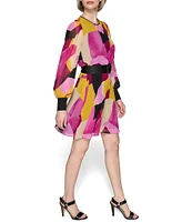 KARL LAGERFELD PARIS Printed Chiffon Round Neck Long Sleeve Belted Dress