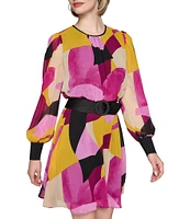 KARL LAGERFELD PARIS Printed Chiffon Round Neck Long Sleeve Belted Dress