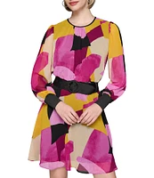 KARL LAGERFELD PARIS Printed Chiffon Round Neck Long Sleeve Belted Dress