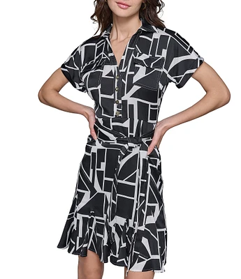 KARL LAGERFELD PARIS Abstract Printed Collared Utility Dress