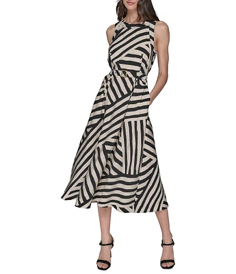 KARL LAGERFELD PARIS Printed Rumpled Rayon Blend Crew Neck Belted A-Line Midi Dress