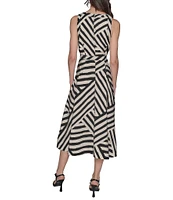 KARL LAGERFELD PARIS Printed Rumpled Rayon Blend Crew Neck Belted A-Line Midi Dress