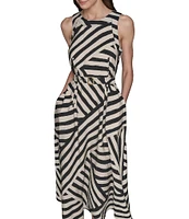 KARL LAGERFELD PARIS Printed Rumpled Rayon Blend Crew Neck Belted A-Line Midi Dress