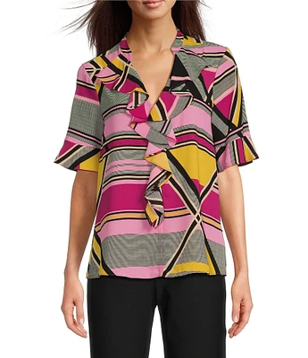 Karl Lagerfeld Paris Printed Short Sleeve V-Neck Ruffle Front Blouse