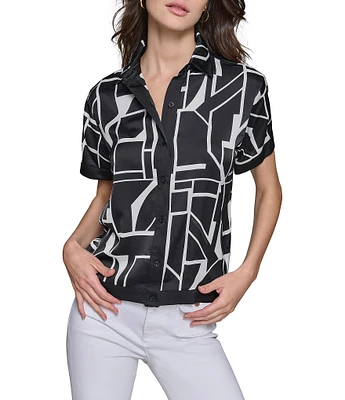 KARL LAGERFELD PARIS Abstract Printed Woven Short Sleeve Logo Button Down Shirt