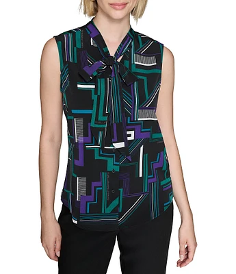 KARL LAGERFELD PARIS Printed Woven Tie Neck Sleeveless Button Down Blouse