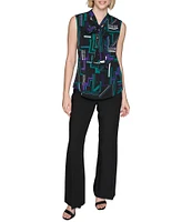 KARL LAGERFELD PARIS Printed Woven Tie Neck Sleeveless Button Down Blouse