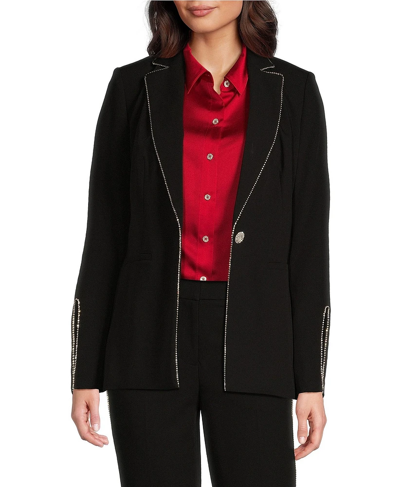 KARL LAGERFELD PARIS Rhinestone Trim Notch Lapel Long Sleeve One Button Blazer