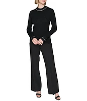 KARL LAGERFELD PARIS Rhinestone Trim Turtleneck Embellished Long Sleeve Sweater