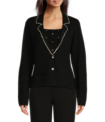 KARL LAGERFELD PARIS Rhinestone Trim V-Neck Long Sleeve Two-Button Cardigan