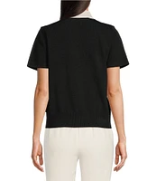 KARL LAGERFELD PARIS Ribbed Knit Polo Short Sleeve Sweater