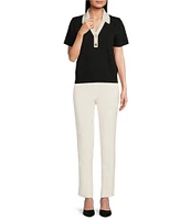 KARL LAGERFELD PARIS Ribbed Knit Polo Short Sleeve Sweater