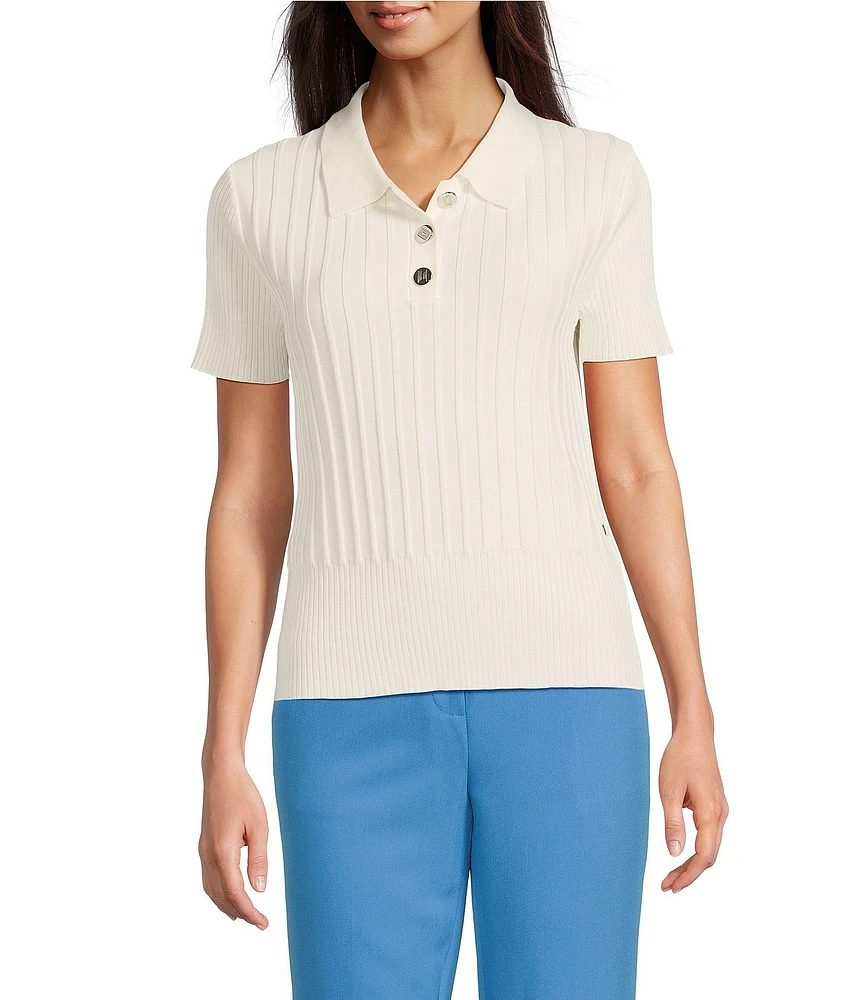 KARL LAGERFELD PARIS Ribbed Knit Polo Sweater Top