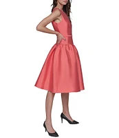 KARL LAGERFELD PARIS Round Neck Drop Waist Taffeta Dress