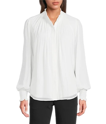 KARL LAGERFELD PARIS Round Neck Long Smocked Sleeve Button Front Blouse