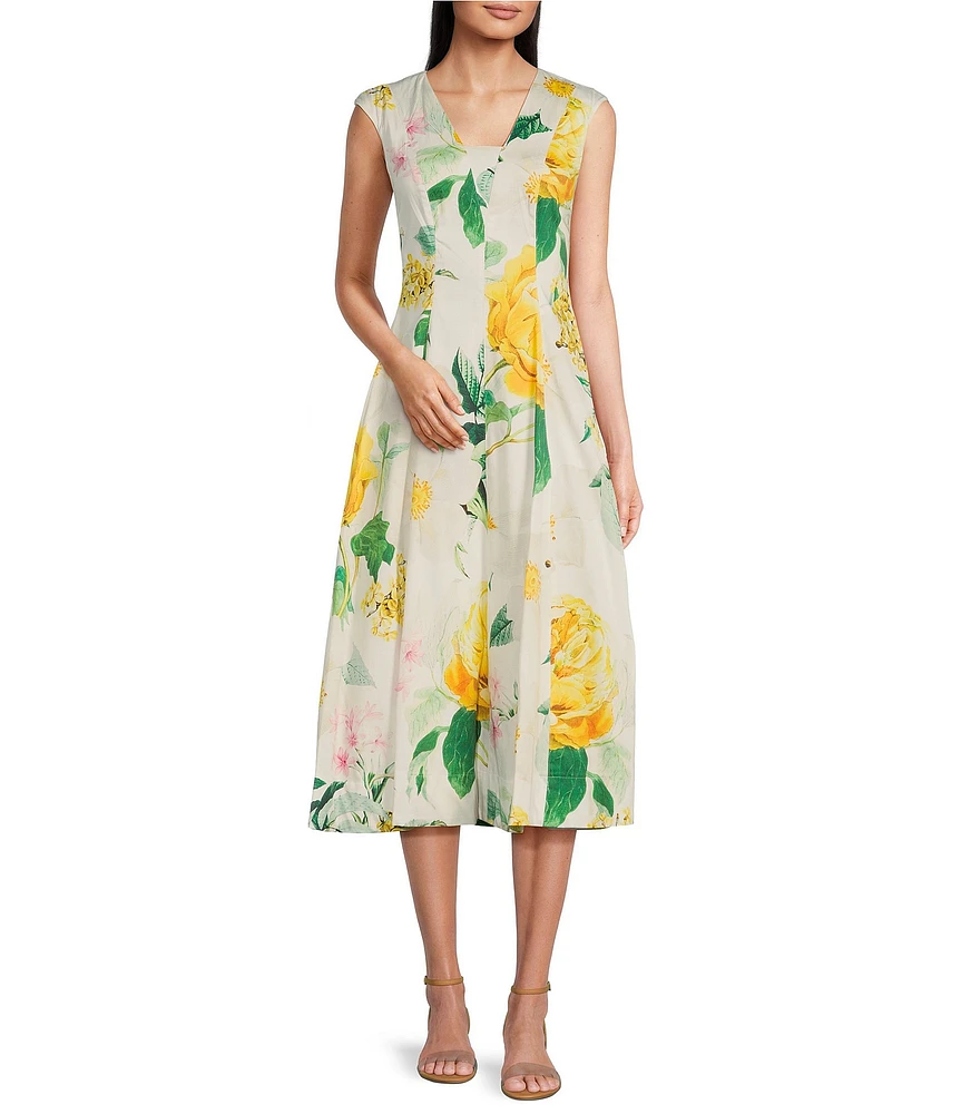 KARL LAGERFELD PARIS Sateen Floral Print V-Neck Sleeveless Midi A-Line Dress