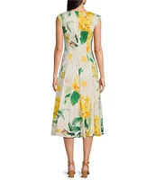 KARL LAGERFELD PARIS Sateen Floral Print V-Neck Sleeveless Midi A-Line Dress