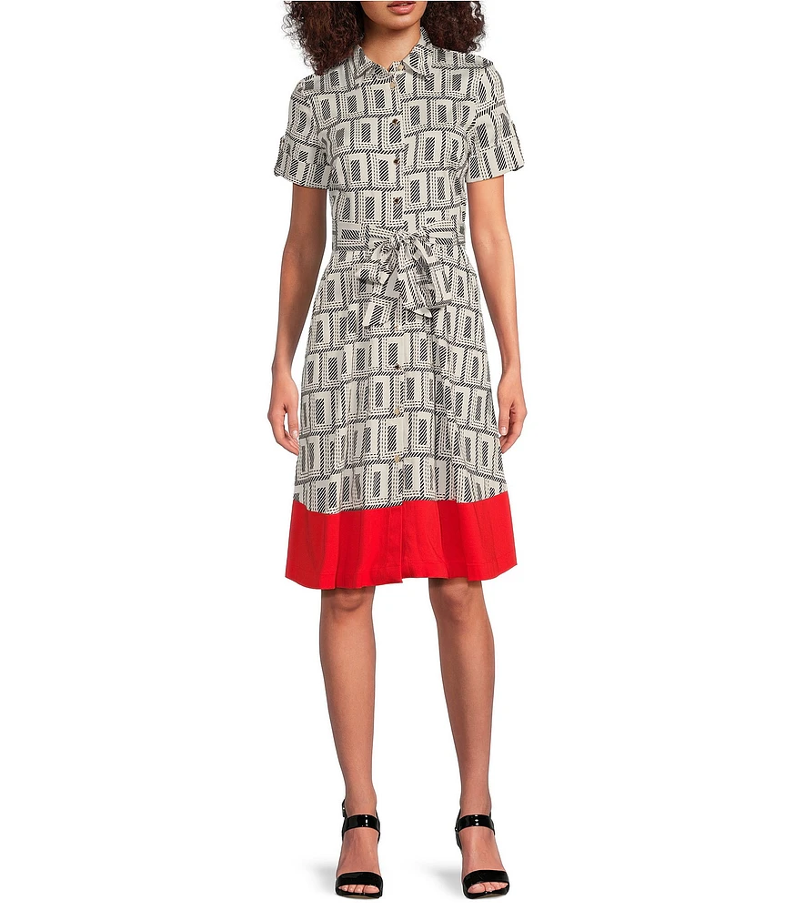 KARL LAGERFELD PARIS Sateen Geo Print Point Collar Short Sleeve Midi A-Line Dress